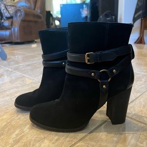 Ugg black suede with leather buckle ankle boot booties